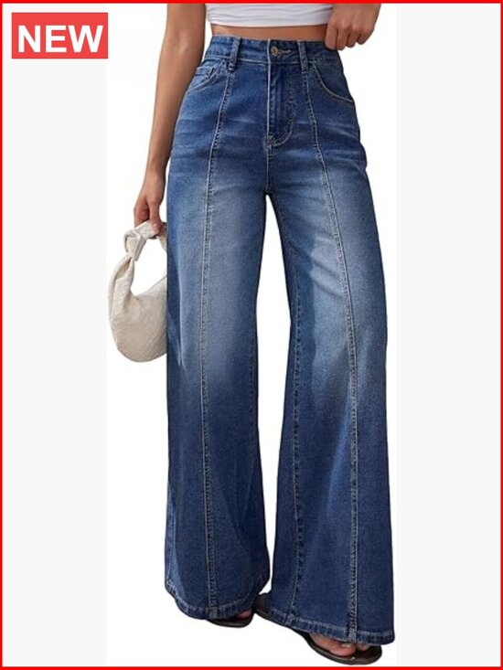 Denim - High Waisted Wide Leg Baggy Jeans with Front Seam Stretch Denim